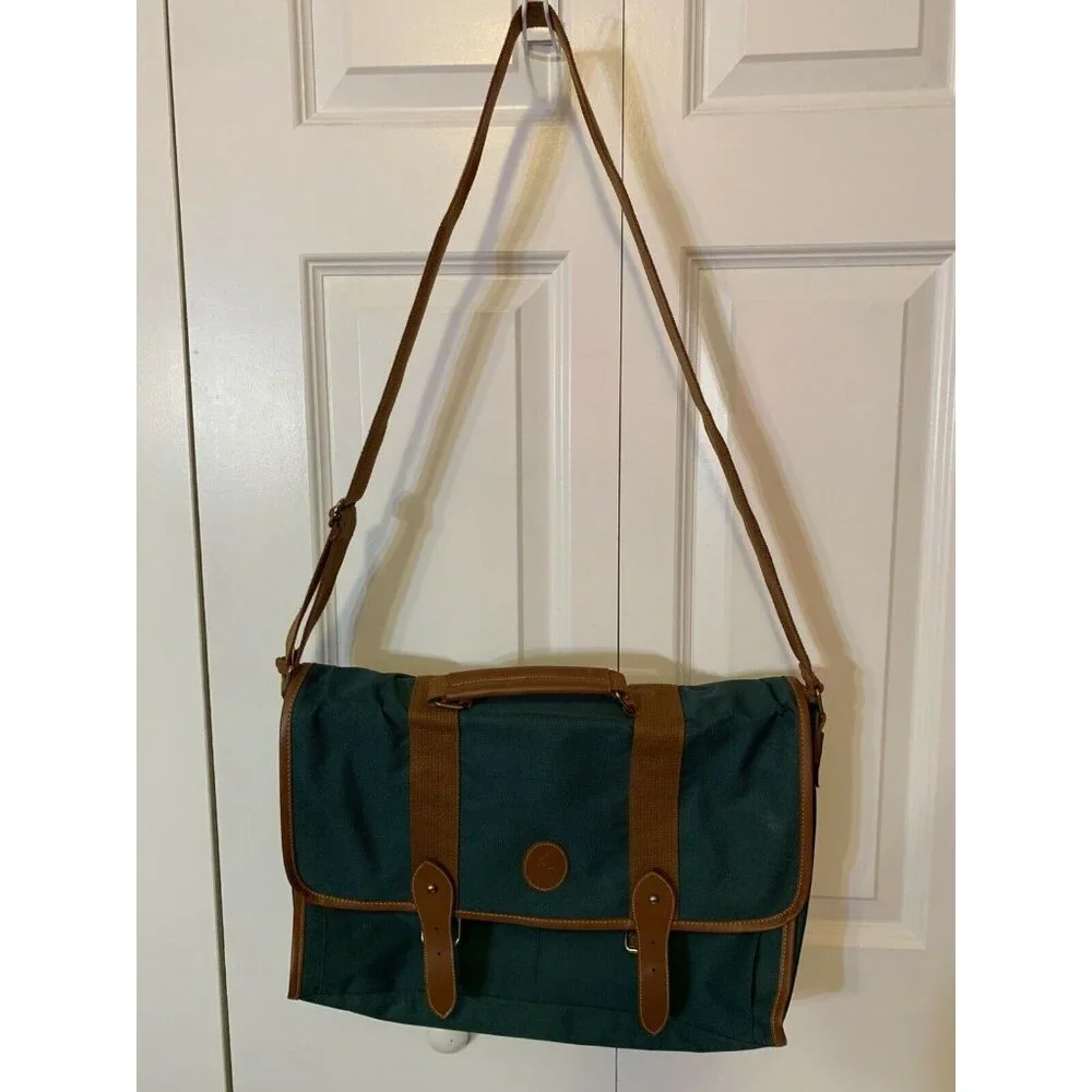 VTG Polo Ralph Lauren Canvas Courier Bag Green‎ Leather Trim Shoulder Crossbody